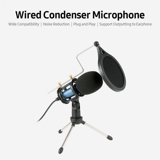 Condenser Microphone with 3.5mm Cable Noise Reduction/Tripod Stand/Pop Filter/Support Outputting to Earphone/Multiple Uses Blue Condenser Microphone with 3.5mm Cable Noise Reduction/Tripod Stand/Pop Filter/Support Outputting to Earphone/Multiple Uses Blue