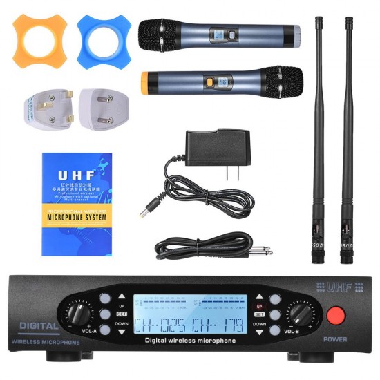 Professional Digital UHF Wireless Handheld Microphone Mic System Dual Channels LCD Display Receiver 2 Microphones for Stage Karaoke Meeting Party Professional Digital UHF Wireless Handheld Microphone Mic System Dual Channels LCD Display Receiver 2 Microphones for Stage Karaoke Meeting Party