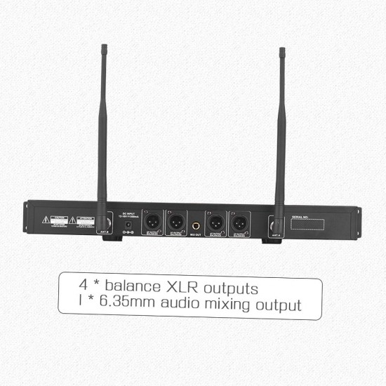 D2 Professional 4-Channel UHF Wireless Conference Microphone System 6.35mm & XLR Outputs Dual Antenna with Rack-Mount Receiver 4 Desktop Mics D2 Professional 4-Channel UHF Wireless Conference Microphone System 6.35mm & XLR Outputs Dual Antenna with Rack-Mount Receiver 4 Desktop Mics