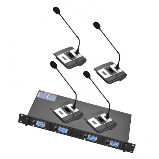 D2 Professional 4-Channel UHF Wireless Conference Microphone System 6.35mm & XLR Outputs Dual Antenna with Rack-Mount Receiver 4 Desktop Mics D2 Professional 4-Channel UHF Wireless Conference Microphone System 6.35mm & XLR Outputs Dual Antenna with Rack-Mount Receiver 4 Desktop Mics