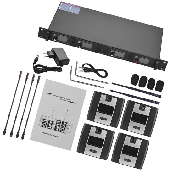 D2 Professional 4-Channel UHF Wireless Conference Microphone System 6.35mm & XLR Outputs Dual Antenna with Rack-Mount Receiver 4 Desktop Mics D2 Professional 4-Channel UHF Wireless Conference Microphone System 6.35mm & XLR Outputs Dual Antenna with Rack-Mount Receiver 4 Desktop Mics