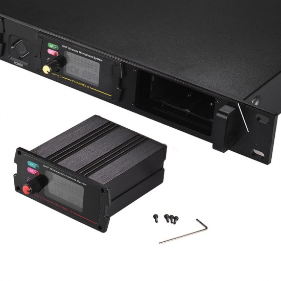 D2 Professional 4-Channel UHF Wireless Conference Microphone System 6.35mm & XLR Outputs Dual Antenna with Rack-Mount Receiver 4 Desktop Mics D2 Professional 4-Channel UHF Wireless Conference Microphone System 6.35mm & XLR Outputs Dual Antenna with Rack-Mount Receiver 4 Desktop Mics