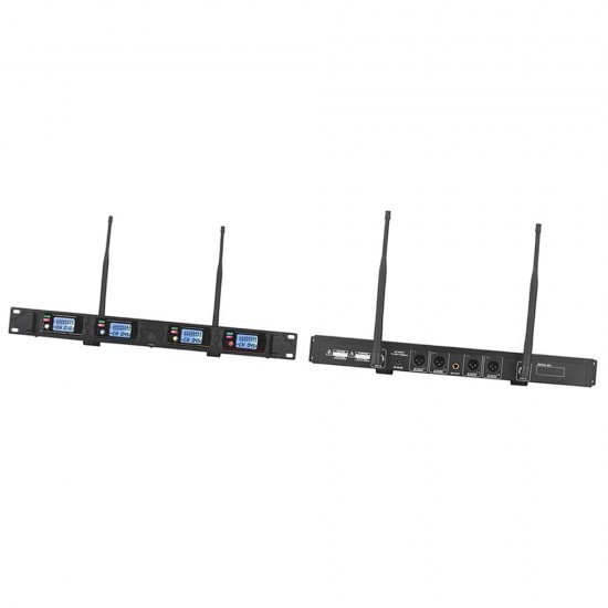 D2 Professional 4-Channel UHF Wireless Conference Microphone System 6.35mm & XLR Outputs Dual Antenna with Rack-Mount Receiver 4 Desktop Mics D2 Professional 4-Channel UHF Wireless Conference Microphone System 6.35mm & XLR Outputs Dual Antenna with Rack-Mount Receiver 4 Desktop Mics