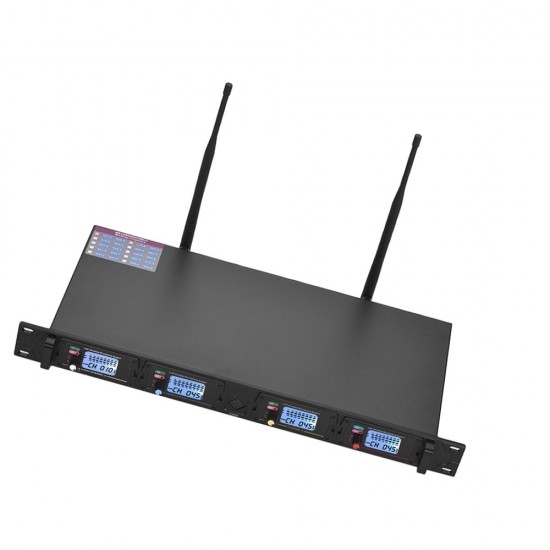 D2 Professional 4-Channel UHF Wireless Conference Microphone System 6.35mm & XLR Outputs Dual Antenna with Rack-Mount Receiver 4 Desktop Mics D2 Professional 4-Channel UHF Wireless Conference Microphone System 6.35mm & XLR Outputs Dual Antenna with Rack-Mount Receiver 4 Desktop Mics