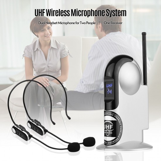 UHF Wireless Microphone System with Dual Headset Microphones and Receiver with 6.35mm Audio Cable for Video Interview Broadcast Teaching UHF Wireless Microphone System with Dual Headset Microphones and Receiver with 6.35mm Audio Cable for Video Interview Broadcast Teaching