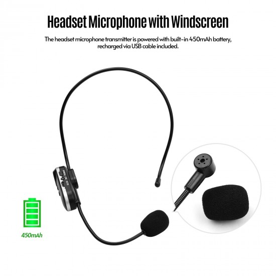 UHF Wireless Microphone System with Dual Headset Microphones and Receiver with 6.35mm Audio Cable for Video Interview Broadcast Teaching UHF Wireless Microphone System with Dual Headset Microphones and Receiver with 6.35mm Audio Cable for Video Interview Broadcast Teaching