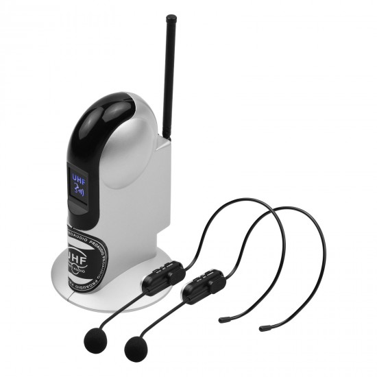 UHF Wireless Microphone System with Dual Headset Microphones and Receiver with 6.35mm Audio Cable for Video Interview Broadcast Teaching UHF Wireless Microphone System with Dual Headset Microphones and Receiver with 6.35mm Audio Cable for Video Interview Broadcast Teaching