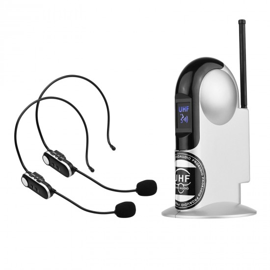 UHF Wireless Microphone System with Dual Headset Microphones and Receiver with 6.35mm Audio Cable for Video Interview Broadcast Teaching UHF Wireless Microphone System with Dual Headset Microphones and Receiver with 6.35mm Audio Cable for Video Interview Broadcast Teaching