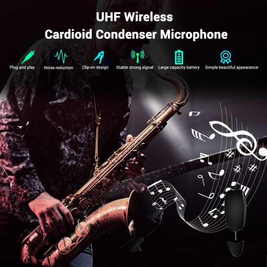 UHF Wireless Cardioid Condenser Microphone Clip-on Musical Instrument Mic for Saxophone Trumpets Clarinet UHF Wireless Cardioid Condenser Microphone Clip-on Musical Instrument Mic for Saxophone Trumpets Clarinet
