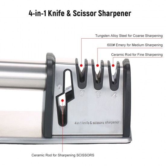 4-in-1 Knife & Scissor Sharpener Tungsten Steel/Emery/Ceramic 4-stage Coarse Medium Fine Blade Sharpener Professional for Home Outdoor Camping Traveling Sharpening Tool 4-in-1 Knife & Scissor Sharpener Tungsten Steel/Emery/Ceramic 4-stage Coarse Medium Fine Blade Sharpener Professional for Home Outdoor Camping Traveling Sharpening Tool