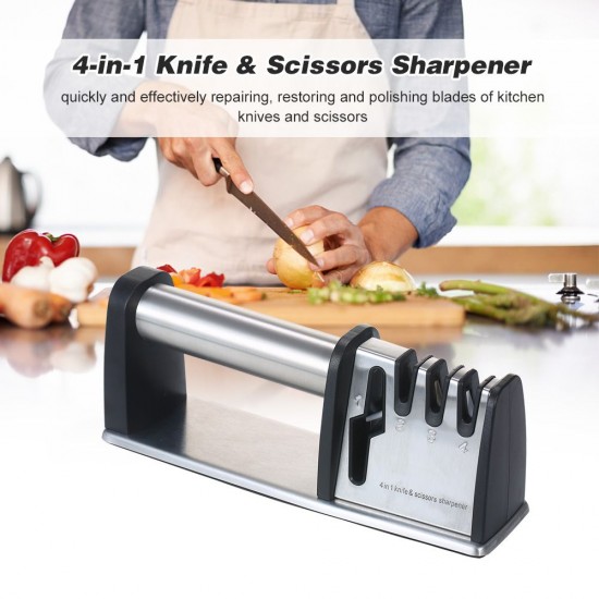 4-in-1 Knife & Scissor Sharpener Tungsten Steel/Emery/Ceramic 4-stage Coarse Medium Fine Blade Sharpener Professional for Home Outdoor Camping Traveling Sharpening Tool 4-in-1 Knife & Scissor Sharpener Tungsten Steel/Emery/Ceramic 4-stage Coarse Medium Fine Blade Sharpener Professional for Home Outdoor Camping Traveling Sharpening Tool