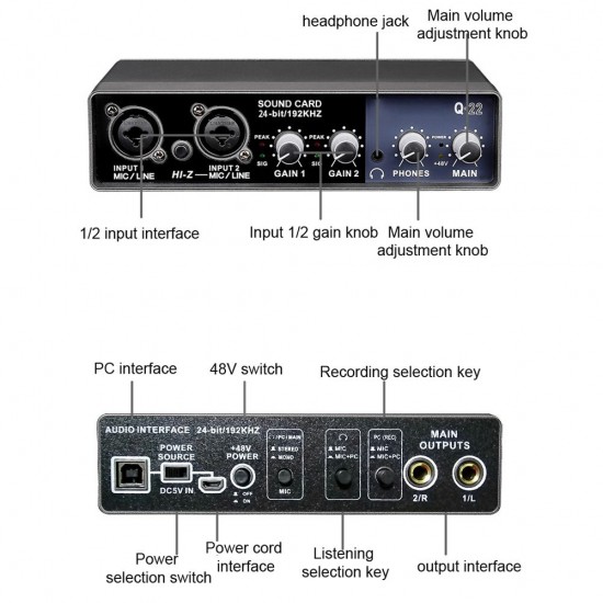Portable Audio Interface USB Sound Card Mic Preamplifier Computers Recording Tuning Digital Mixing Equipment Portable Audio Interface USB Sound Card Mic Preamplifier Computers Recording Tuning Digital Mixing Equipment