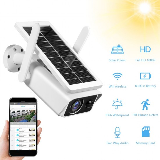 1080P Outdoor Solar Security Camera 2MP Chargeable Battery Wireless WiFi Home Surveillance Camera with PIR Motion Detection, Night Vision, 2-Way Audio, IP66 Waterproof 1080P Outdoor Solar Security Camera 2MP Chargeable Battery Wireless WiFi Home Surveillance Camera with PIR Motion Detection, Night Vision, 2-Way Audio, IP66 Waterproof