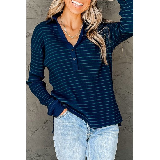 Navy Striped Ribbed Knit Polo Top Navy Striped Ribbed Knit Polo Top