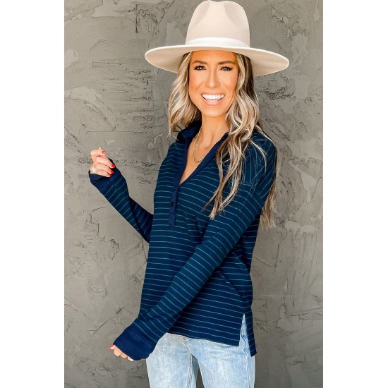 Navy Striped Ribbed Knit Polo Top Navy Striped Ribbed Knit Polo Top