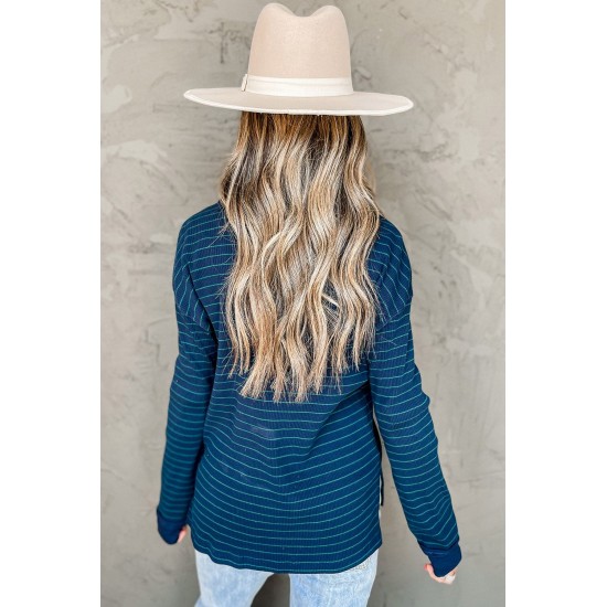 Navy Striped Ribbed Knit Polo Top Navy Striped Ribbed Knit Polo Top