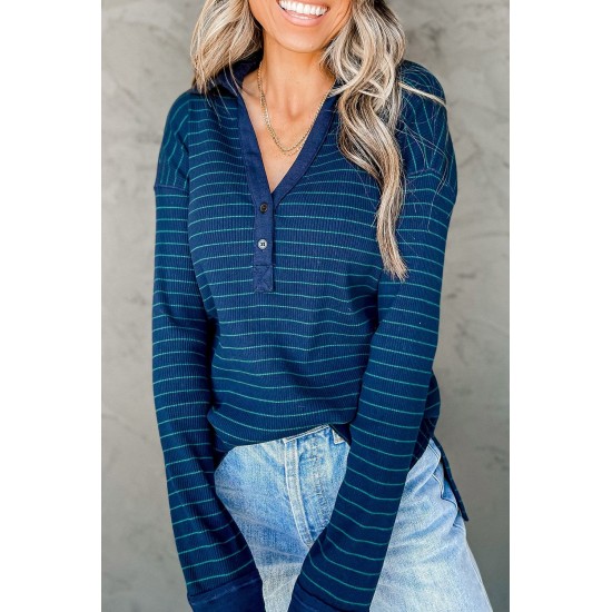 Navy Striped Ribbed Knit Polo Top Navy Striped Ribbed Knit Polo Top