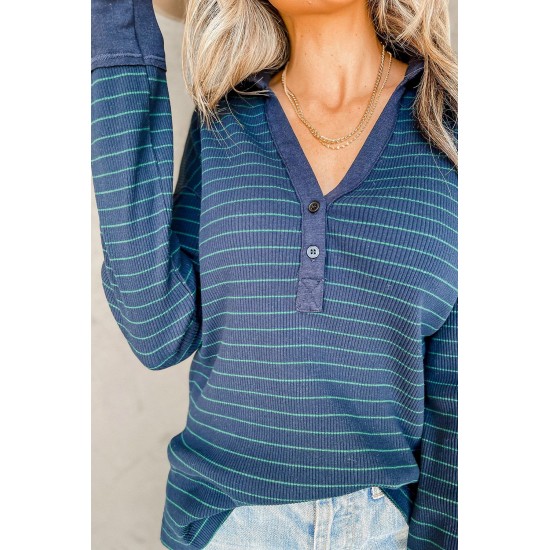 Navy Striped Ribbed Knit Polo Top Navy Striped Ribbed Knit Polo Top