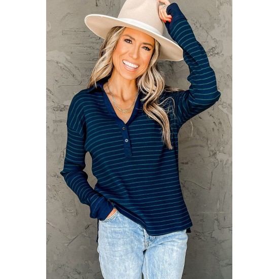 Navy Striped Ribbed Knit Polo Top Navy Striped Ribbed Knit Polo Top