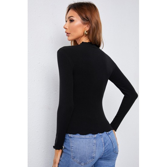 Black Mock Neck Crisp Trim Ribbed Basic Top Black Mock Neck Crisp Trim Ribbed Basic Top