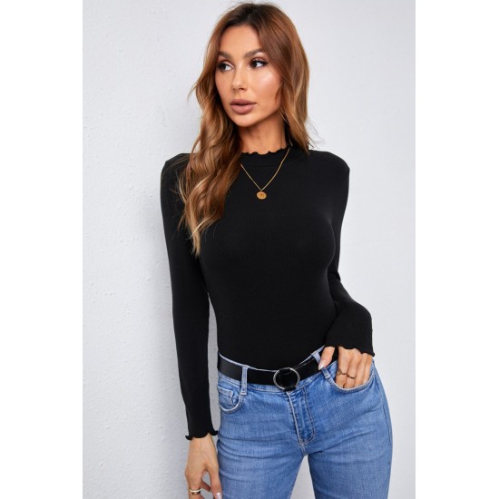 Black Mock Neck Crisp Trim Ribbed Basic Top Black Mock Neck Crisp Trim Ribbed Basic Top