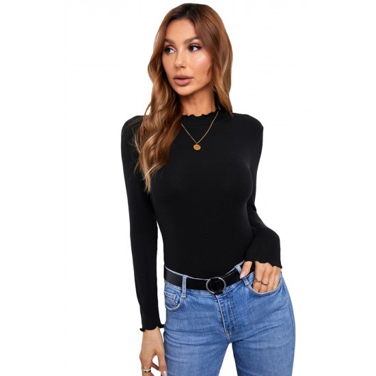 Black Mock Neck Crisp Trim Ribbed Basic Top Black Mock Neck Crisp Trim Ribbed Basic Top