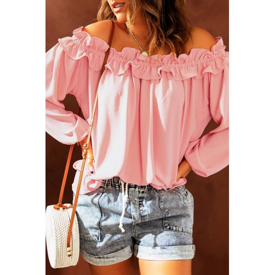 Pink Puff Sleeve Ruffled Off Shoulder Blouse Pink Puff Sleeve Ruffled Off Shoulder Blouse