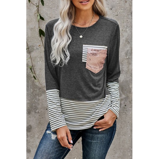 Stripe Pocket Sequins Splicing Long Sleeve O-neck Top Stripe Pocket Sequins Splicing Long Sleeve O-neck Top