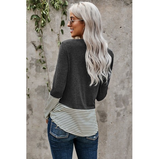 Stripe Pocket Sequins Splicing Long Sleeve O-neck Top Stripe Pocket Sequins Splicing Long Sleeve O-neck Top