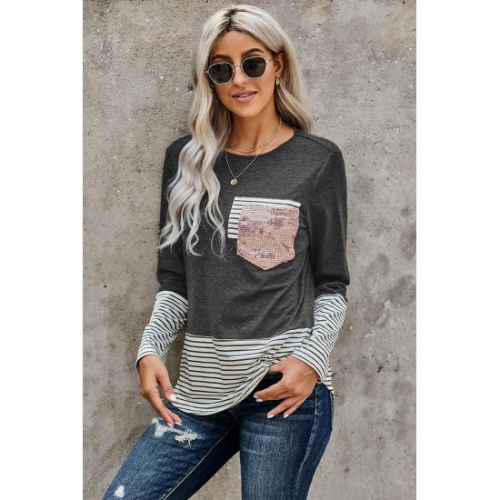 Stripe Pocket Sequins Splicing Long Sleeve O-neck Top Stripe Pocket Sequins Splicing Long Sleeve O-neck Top