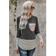 Stripe Pocket Sequins Splicing Long Sleeve O-neck Top Stripe Pocket Sequins Splicing Long Sleeve O-neck Top