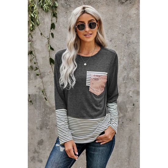Stripe Pocket Sequins Splicing Long Sleeve O-neck Top Stripe Pocket Sequins Splicing Long Sleeve O-neck Top