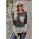 Stripe Pocket Sequins Splicing Long Sleeve O-neck Top Stripe Pocket Sequins Splicing Long Sleeve O-neck Top