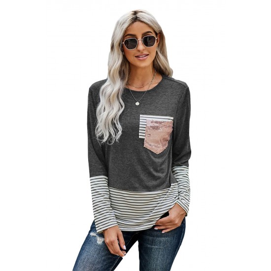 Stripe Pocket Sequins Splicing Long Sleeve O-neck Top Stripe Pocket Sequins Splicing Long Sleeve O-neck Top