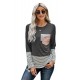 Stripe Pocket Sequins Splicing Long Sleeve O-neck Top Stripe Pocket Sequins Splicing Long Sleeve O-neck Top