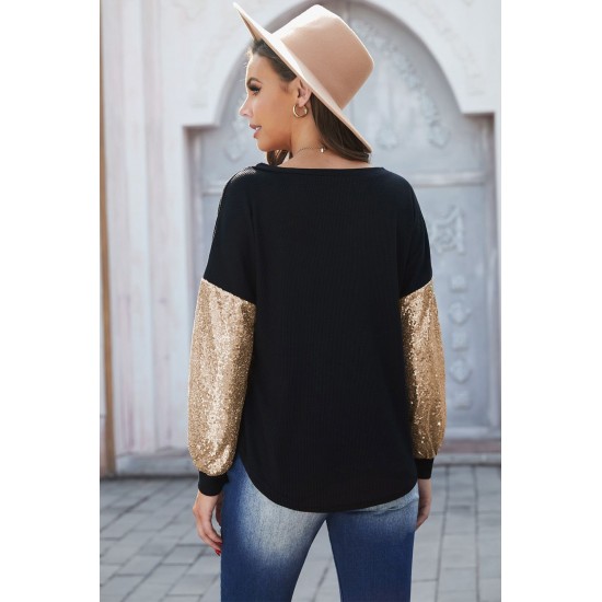 Sequin Splicing Black V Neck Bishop Sleeves Top Sequin Splicing Black V Neck Bishop Sleeves Top