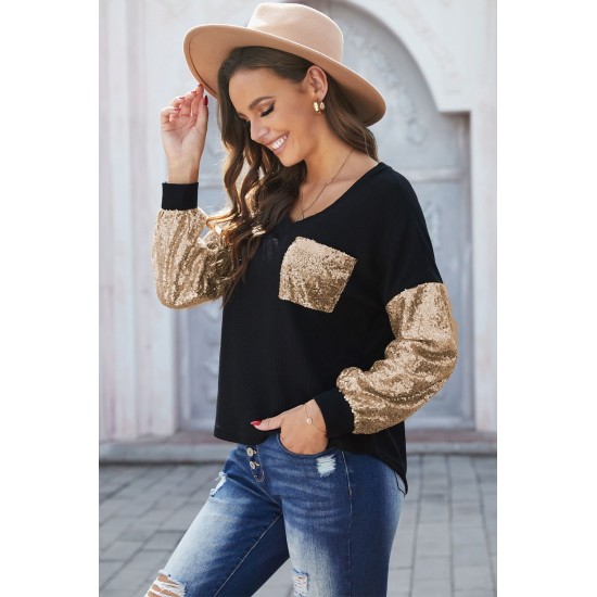 Sequin Splicing Black V Neck Bishop Sleeves Top Sequin Splicing Black V Neck Bishop Sleeves Top