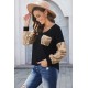 Sequin Splicing Black V Neck Bishop Sleeves Top Sequin Splicing Black V Neck Bishop Sleeves Top