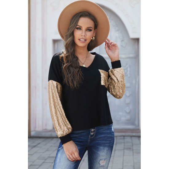 Sequin Splicing Black V Neck Bishop Sleeves Top Sequin Splicing Black V Neck Bishop Sleeves Top