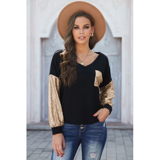Sequin Splicing Black V Neck Bishop Sleeves Top Sequin Splicing Black V Neck Bishop Sleeves Top