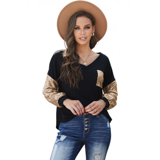 Sequin Splicing Black V Neck Bishop Sleeves Top Sequin Splicing Black V Neck Bishop Sleeves Top