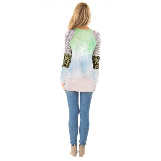 Green Tie-dyed Striped and Leopard Long Sleeves Top Green Tie-dyed Striped and Leopard Long Sleeves Top