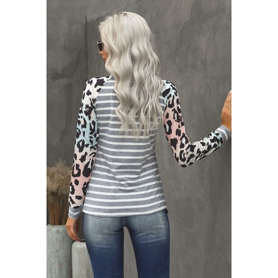 Gray Ombre Leopard Print Stripe Splice Long Sleeve Top Gray Ombre Leopard Print Stripe Splice Long Sleeve Top