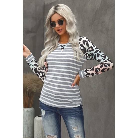 Gray Ombre Leopard Print Stripe Splice Long Sleeve Top Gray Ombre Leopard Print Stripe Splice Long Sleeve Top