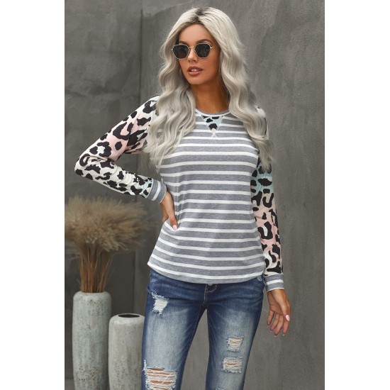 Gray Ombre Leopard Print Stripe Splice Long Sleeve Top Gray Ombre Leopard Print Stripe Splice Long Sleeve Top