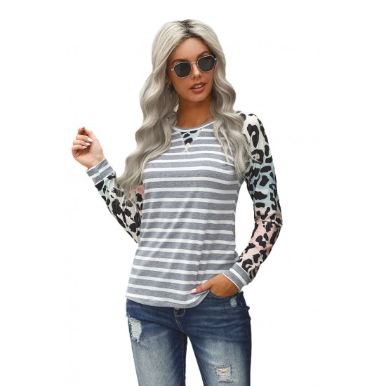 Gray Ombre Leopard Print Stripe Splice Long Sleeve Top Gray Ombre Leopard Print Stripe Splice Long Sleeve Top