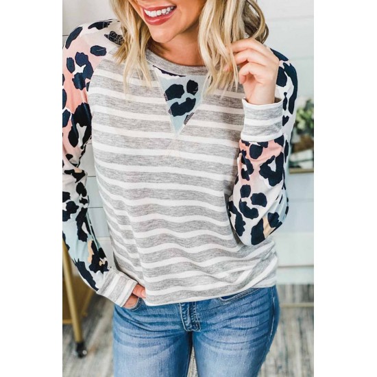 Gray Ombre Leopard Print Stripe Splice Long Sleeve Top Gray Ombre Leopard Print Stripe Splice Long Sleeve Top