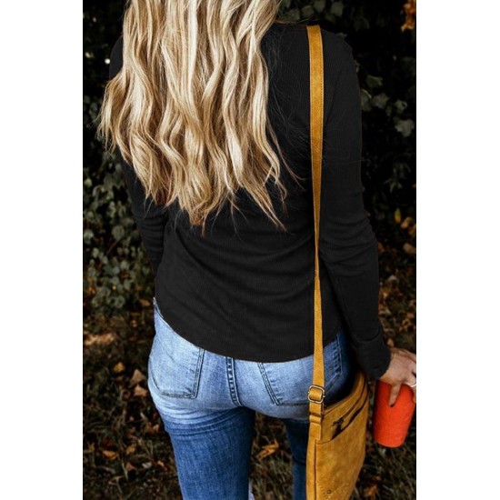 Black Solid Color Ribbed Texture Slim Top with Button Black Solid Color Ribbed Texture Slim Top with Button