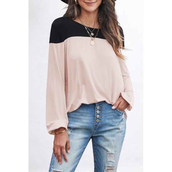Apricot Round Neck Long Sleeve Color Block Tunic Top Apricot Round Neck Long Sleeve Color Block Tunic Top