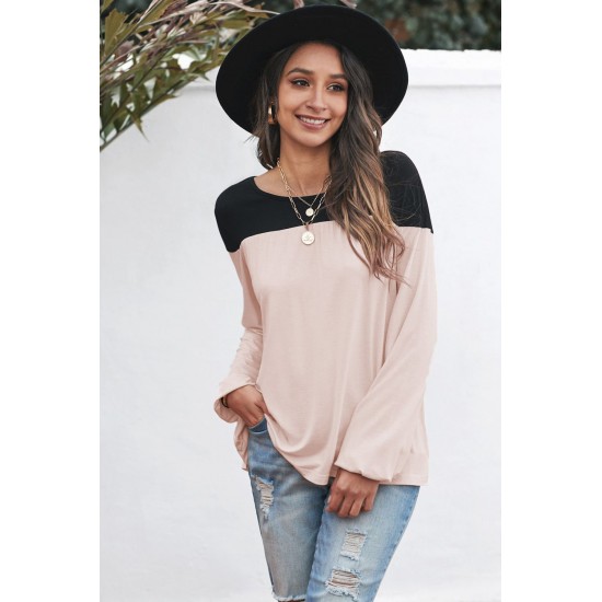 Apricot Round Neck Long Sleeve Color Block Tunic Top Apricot Round Neck Long Sleeve Color Block Tunic Top